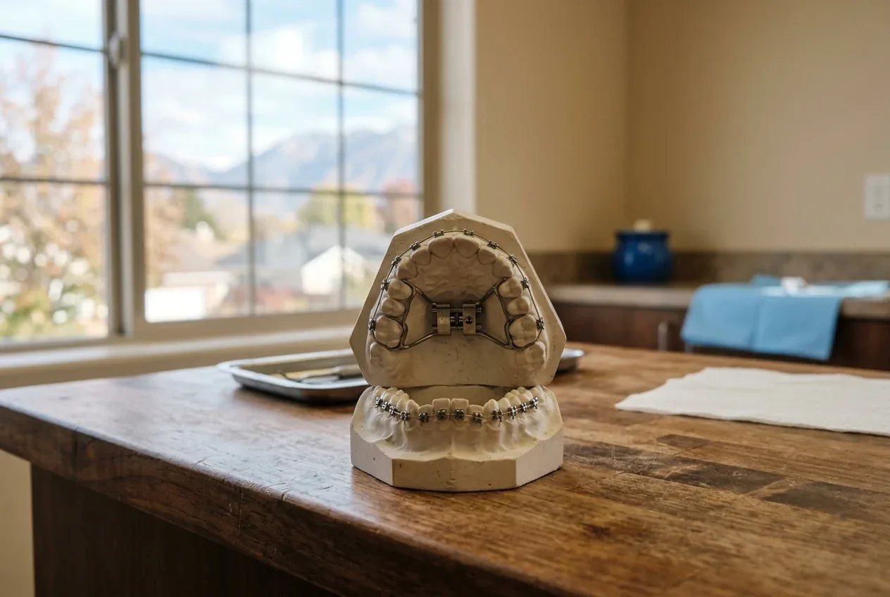 Dental plaster model showing orthodontic braces and a palatal expander on a wooden table.